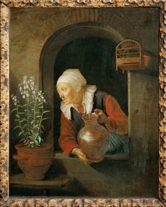 Vanha nainen ikkunan ääressä kastelemassa kukkia (maalaus)