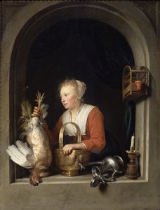 Hollantilainen kotirouva tai Nainen ripustamassa kukkoa ikkunaan, 1650