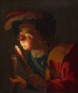 Poika, joka puhaltaa tulessa tekijältä Gerrit van Honthorst