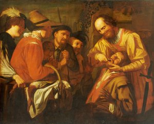 Hammaslääkäri poistamassa hammasta ja joukko katsojia katselemassa lähistöllä tekijältä Gerrit van Honthorst