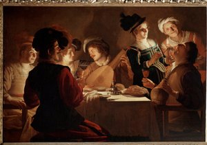 Illallinen luutun soittajan kanssa. (Maalaus tekijältä Gerrit van Honthorst