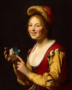 Hymyilevä tyttö, kurtisaani, jolla on epäsiveellinen kuva tekijältä Gerrit van Honthorst