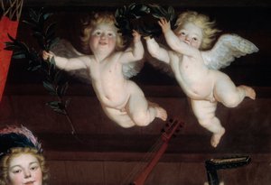 Angels Detail -konsertti. Gerrit Van Honthorstin (1590-1656) maalaus 1624 su. 1,68 x 1,78 m tekijältä Gerrit van Honthorst