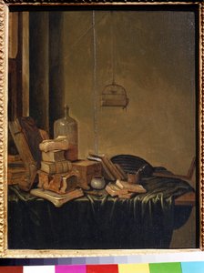 Asetelma kirjojen kanssa. Gerrit van Vuchtin maalaus (1600 tai 1620 - noin 1697). Öljy puulle, 34 x 28 cm. 1600-luvun hollantilainen koulu. Pushkinin taidemuseo, Moskova. tekijältä Gerrit van Vucht