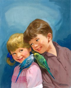 Poika ja tyttö budgerigareiden kanssa