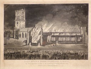 East, South & Cross Churches, Dundee, sellaisena kuin ne ilmestyivät tulessa sunnuntaina 3. tammikuuta 1841, n. 1841 (etsaus)