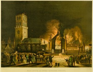 East, South ja Cross Churches, Dundee [kuten ne ilmestyivät tulessa sunnuntaiaamuna 3. tammikuuta 1841] (George McGillivrayn mukaan), n. 1841 (litografia)