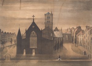 Kuutamonäkymä East and Crossin kirkoista, Dundee sellaisina kuin ne ilmestyivät 3. tammikuuta 1841 tapahtuneen tulipalon jälkeen (litografia)