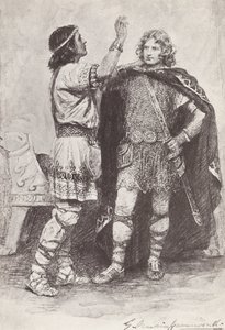 Kuvitus teokseen The Story of Hereward, The Champion of England (litografia). tekijältä Gertrude E. Demain (after) Hammond