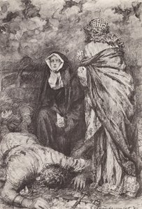 Kuvitus teokseen The Story of Hereward, The Champion of England (litografia). tekijältä Gertrude E. Demain (after) Hammond
