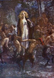 "Satyyrit tanssivat hänen ympärillään iloisesti" (väri litho)