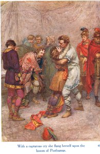 "Ihastuneena huutaen hän heittäytyi Posthumusin povelle", kuva "Shakespearen tarinoista Englannin kuninkaista", julkaisija George Harrap & Son