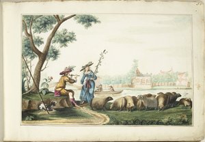 Pastoraaliesitys joen rannalla tekijältä Gesina ter Borch (signed by artist)