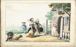 Pariskunta tervehtii naista maalaistalon ovella tekijältä Gesina ter Borch (signed by artist)