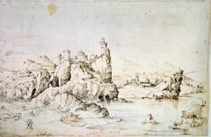 Linna kalliolla vuoristomaisemassa, 1540. tekijältä Gherado Cibo
