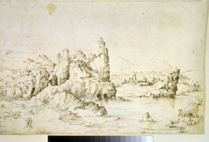 ""Un chateau perche sur une montagne"" (Linna kalliolla vuoristomaisemassa) Gherardo Cibon (1512-1600) piirros ruskealla musteella 1540 Pushkin-museo, Moskova tekijältä Gherardo Cibo