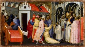 Saint Hugh of Avalon (1140-1200) tai Saint Hugh of Lincoln manaa paholaisen riivaaman miehen - Saint Hugh of Lincoln exorcise miehen paholaisen riivaaman - Gherardo Starninan (n. 1364-1413) maalaus - 1404-1407 Paneelin lämpötila - 28,4x50,4 -