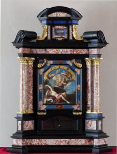 Kello, jossa pyhä Hieronymus kuulee viimeisen tuomion trumpetin soidessa Giacinto Brandin (1621-1691) maalaus Giuseppe Campanin toteuttama rakenne ja mekanismi - 1600-luku Dim 128x100x44 cm Genes musei di strada nuova