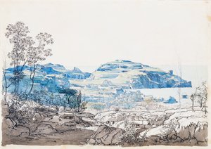 Näkymä Ischialle (Lacco Ameno), n. 1845 (lyijykynä, kynä ja vesiväri) tekijältä Giacinto Gigante