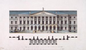 Smolny-instituutin projekti. Pääjulkisivu ja pohjakerrossuunnitelma, 1806-1808
