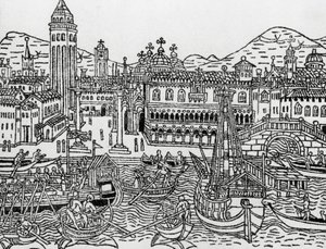 Näkymä Venetsiaan 1400-luvulla, Italia, puupiirros, Giacomo Filippo Forestin (1434-1520) Supplementum chronicarumista tekijältä Giacomo Filippo Foresti