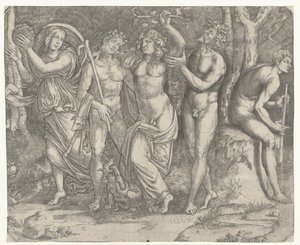 Bacchus ja bacchantes ja meanade tamburiinilla