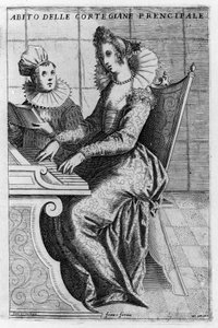 Elegantissa mekossa oleva kurtisaani soittaa pianoa. Giacomo Francon (1550-1620) kaiverrus "Venetsiasta, käytöt ja tavat", noin 1597.