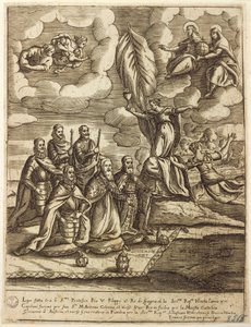 Paavi Pius V:n, espanjalaisen Filippuksen ja Venetsian dogen Alvise Mocenigon laatima allegoria Pyhästä liigasta vuodelta 1571, kaiverrus Giacomo Franco (1556-1620)