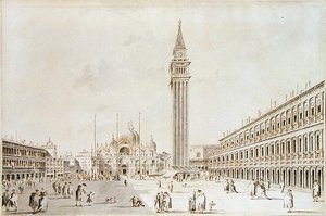 Näkymä Piazza San Marcolle kohti basilikaa ja Campanilea (kynä ja muste pesulla paperille)