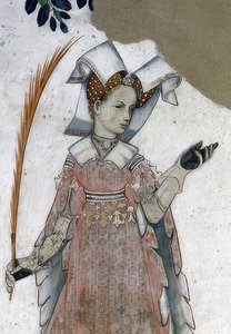 Saluzzon markiisi ja heidän vaimonsa kuvaus historiallisina ja mytologisina sankareina ja sankarittareina. Yksityiskohta: Marguerite de Roussy, Tommaso III:n vaimo. kuin Teuca. 1418-30 tekijältä Giacomo Jaquerio