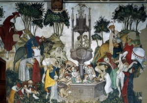 Nuoruuden lähde. Yksityiskohta: ihmiset saapuvat ja kylpevät suihkulähteessä. 1418-30
