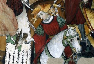 Nuoruuden lähde. Yksityiskohta: haukkametsästäjä linnunsa kanssa. 1418-30 tekijältä Giacomo Jaquerio