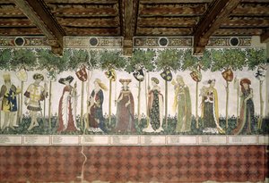 Yhdeksän arvokasta ja yhdeksän arvokasta naista, yksityiskohta Kaarle Suuri, Godfrey de Bouillon, Delphine, Iynoppe, Hippolyte, Menalyppe, Semiramis, Lampeto ja Tamyris, 1418-30.