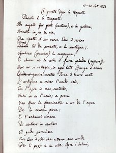 Leopardin runon "Myrskyn jälkeinen hiljaisuus" käsikirjoitus. 1829 (asiakirjat ) tekijältä Giacomo Leopardi