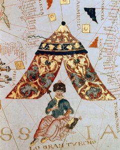 Yksityiskohta kartantekijä Giacomo de Maggiolon kartasta, joka kuvaa sulttaani Solimania (Suleyman) sanoin upeaa (1520-1566), jota kutsutaan "Suureksi turkkiksi". Miniatyyri. Merimuseo, Genes