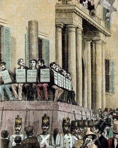 Risorgimento: "" Giovine Italia -liikkeen jäsenet (mukaan lukien Carlo Cattaneo (1801-1869), Tinelli, Danzi, Bussi) istumassa Milanon oikeuspalatsin edessä ja kuuntelemassa tuomiota, joka tuomitsi heidät maanpakoon vuonna 1848"" 1884 Mantegin litografia
