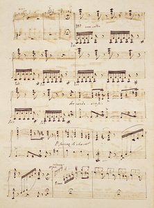 Käsikirjoitussivu "Les Huguenots" -elokuvan partituurista. tekijältä Giacomo Meyerbeer