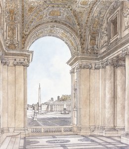 Näkymä Piazza San Pietrolle, Roomalle katsoen etelään basilikan portiosta, ennen vuotta 1779