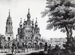 Neitsyt taivaaseenastumisen kirkko ja Gagarinin palatsi Moskovassa, piirustus Giacomo Quarenghi Domenico (1744-1817), print, Venäjä