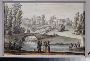 Apollon temppeli ja vesiputous Pavlovsk Parkissa (Pietari). Giacomo Antonio Domenico Quarenghin (1744-1817) työ, tussi ja akvarelli paperille, noin 1800. Italialaista taidetta