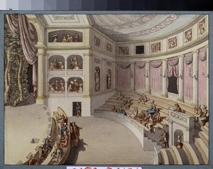 Projekti teatterisalin sisustamiseksi. Giacomo Antonio Domenico Quarenghin (1744-1817) työ, tussi ja akvarelli paperille. Italialaista taidetta, klassismia. Valtion A. Pushkinin kuvataidemuseo, Moskova.