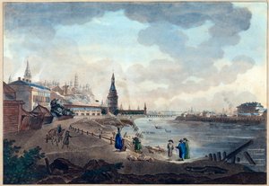 Näkymä Moskovan Kremliin Moskovan (Moskva tai Moskwa) ylittävältä kivisillalta. Giacomo Antonio Domenico Quarenghin (1744-1817) teos, akvarelli ja muste paperille, noin 1790. Italialaista taidetta