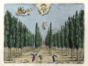 Kuvitus oopperalle 5 näytöksessä "La finta pazza" "(La Folle supposee), kirjoittanut Francesco Sacrati. Kaiverrus Jacopo Torelli