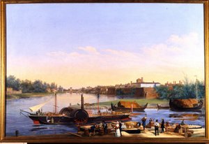Näkymä Pavian satamasta (Pavia) Po-joella ja höyrylaiva Principessa Clementina””””” Giacomo Trecourtin (1812-1882) maalaus 1800-luku