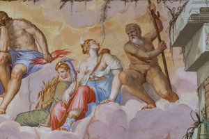 Ceres (sadonkorjuun jumalatar, jolla on korvakimppu) ja Diana (metsästyksen jumalatar jousella), yksityiskohta Olympuksen huoneesta, n. 1557 (fresko)