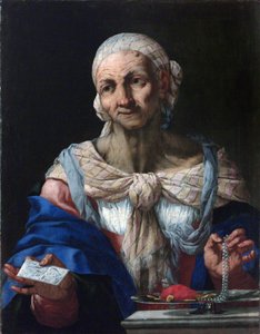 Vanha nainen helmikaulakorulla ja -kirjaimella (Vanitas) - Vanha nainen helmikaulakorulla ja -kirjeellä (Vanitas) - Giovan Battista Langetti (1635-1676). Öljy kankaalle, n. 1663. Kansallisgalleria, Praha