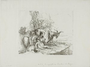 Capriccin nymfi, jossa on pieni satyyri ja kaksi vuohia tekijältä Giambattista Tiepolo