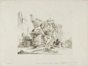 Istuva nuoriso nojaa uurnia vasten, Capricci tekijältä Giambattista Tiepolo