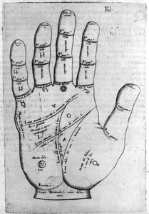 Kiromantia ja ennustaminen: käden eri linjojen esitys, joka mahdollistaa persoonallisuuden tulkinnan. Giambattista della Portan (1537? -1615) kaiverrus kirjasta "De magia" 1589 tekijältä Giambattista della Porta
