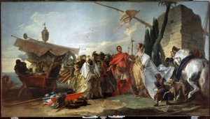 Jules Cesar tapaa Kleopatraa (Caesar tapaa Kleopatraa). Giandomenico Tiepolon (1727-1804) maalaus. Öljy kankaalle, 337 x 608 cm